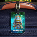 Étiquette À Bagage Cool fun retro toy robot dans galaxie ajouter votr<br><div class="desc">J'adore les visages rétro et mignons sur les robots vintages, jouet en métal de l'enfance. Voici l’un de mes coups de coeur, dressé contre une bulle bleu turquoise dans le ciel. Soyez à la pointe de la tendance chaque fois que vous voyagez avec cette étiquette ludique, colorée et personnalisée de...</div>