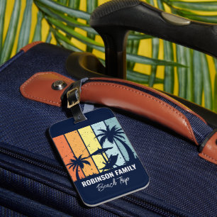 Étiquette À Bagage Cool Retro Beach Trip Custom Navy Blue Palm Trees