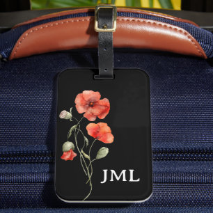 Étiquette À Bagage Coquelicots à l'aquarelle sur monogramme noir  