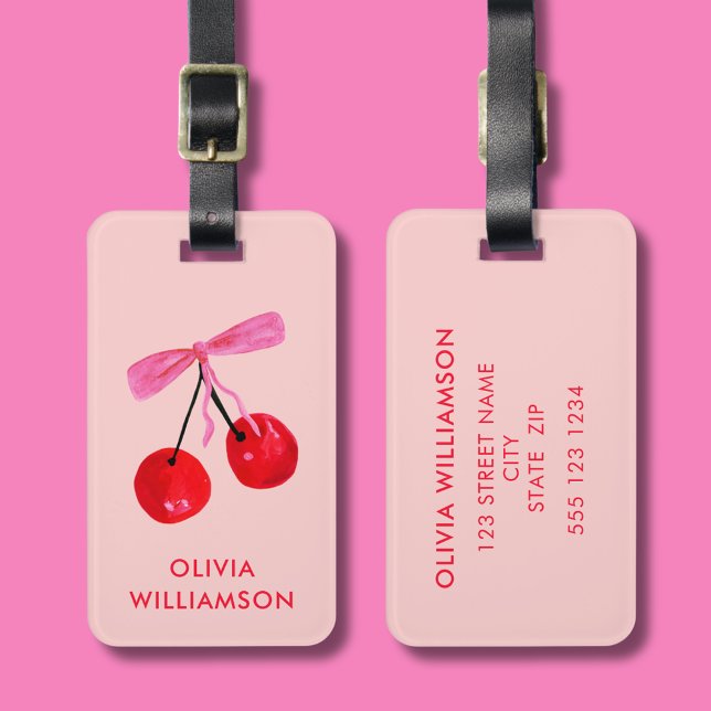 Étiquette À Bagage Coquette Cherry & Pink Bow (Cherry & pink bow coquette aesthetic personalized luggage tag)