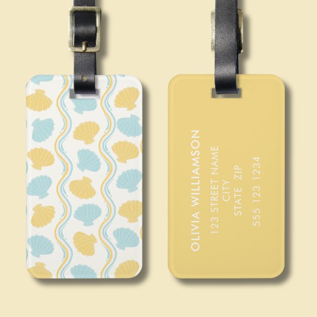 Étiquette À Bagage Coquillage et vagues d'été de la plage (Seashells and ocean waves yellow personalized luggage tag)