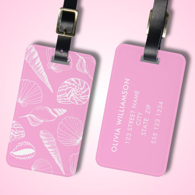 Étiquette À Bagage Coquille de mer rose illustrée (Pink sea shell illustrated luggage tag with personalized address details to rear.  )