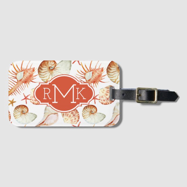 Étiquette À Bagage Corail avec les coquilles et le monogramme du (Devant Horizontal)