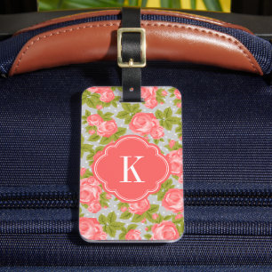 Étiquette À Bagage Corail et Gris Rose Vintage Monogramme