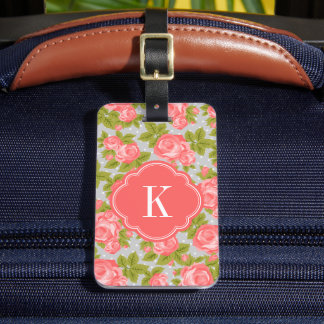 Étiquette À Bagage Corail et Gris Rose Vintage Monogramme