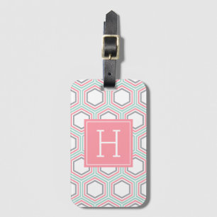 Étiquette À Bagage Corail et rose Hexagon Motif Monogramme