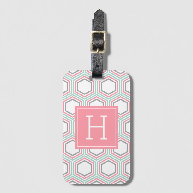 Étiquette À Bagage Corail et rose Hexagon Motif Monogramme (Devant Vertical)