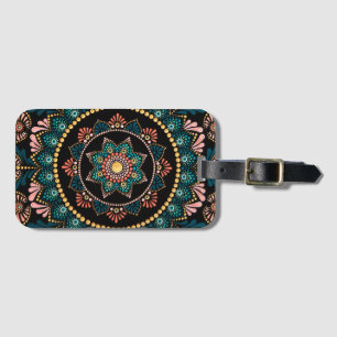 Étiquette À Bagage Coral bleu Mandala, Géométrie Sacrée Boho Ethnique