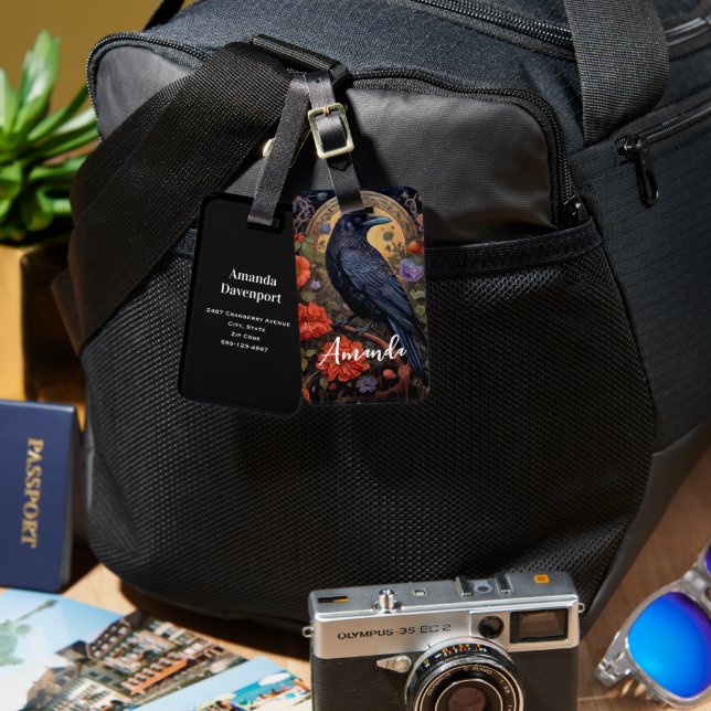 Étiquette À Bagage Corbeau noir avec fleurs Design gothique (Recto & Verso)