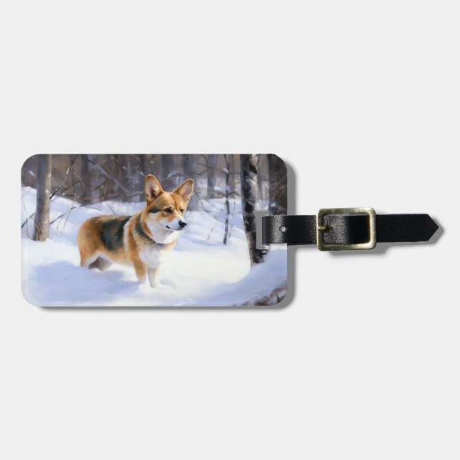 Étiquette À Bagage Corgi Noël sous la neige (Devant horizontal)