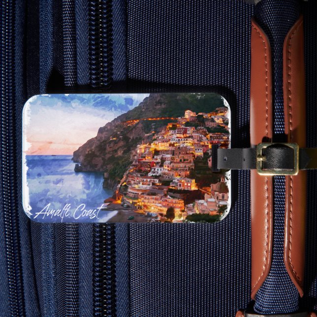 Étiquette À Bagage Côte d'Amalfi Italie Aquarelle Côte Positano (Insitu Rectoal 4)