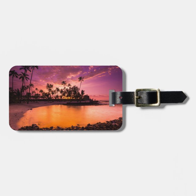 Étiquette À Bagage Coucher de soleil rose sur la plage d'Hawaii (Devant horizontal)