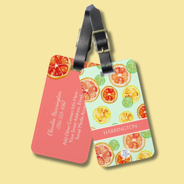 Étiquette À Bagage Couleur d'aquarelle en agrumes peints à la main (Have a zesty trip with our colorful hand-illustrated orange, lime, and lemon citrus luggage tags!)