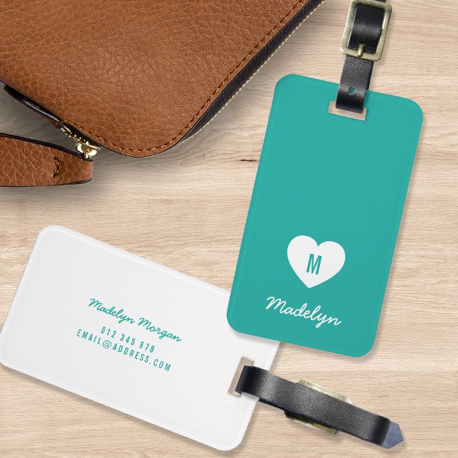 Étiquette À Bagage Couleur personnalisée Monogramme Coeur Script mode (Créateur téléchargé)