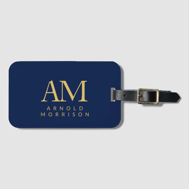 Étiquette À Bagage Couleurs d'or bleu Monogramme Lettres initiales No (Devant Horizontal)