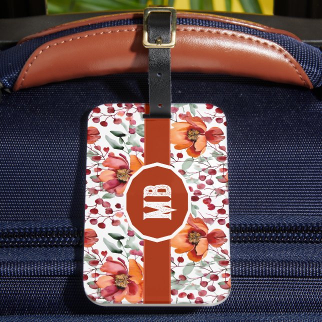 Étiquette À Bagage Couleurs terreuses, fleurs d'automne Monogrammées (Insitu Rectoal 2)