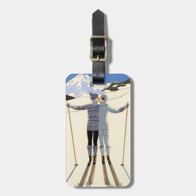 Étiquette À Bagage Couple de ski romantique (Devant Vertical)