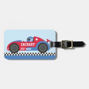 Étiquette À Bagage Coureur en voiture de course bleue et rouge Enfant