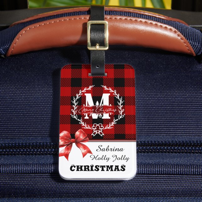 Étiquette À Bagage Couronne de Noël monogramme plaid de Buffalo (Insitu Rectoal 2)