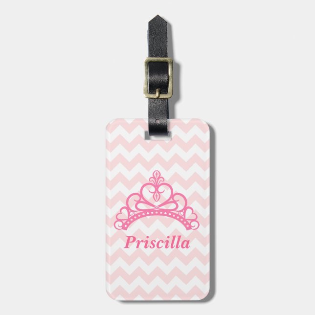 Étiquette À Bagage Couronne de princesse, Chevron rose et blanc, pour (Devant Vertical)