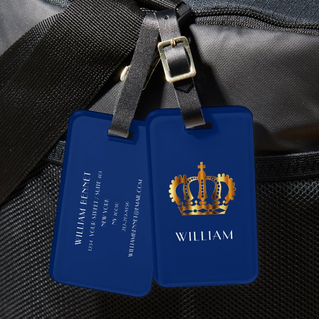 Étiquette À Bagage Couronne Royale Dorée Nom Personnalisé Bleu (Royal Gold Crown Customized Name Blue Luggage Tag)