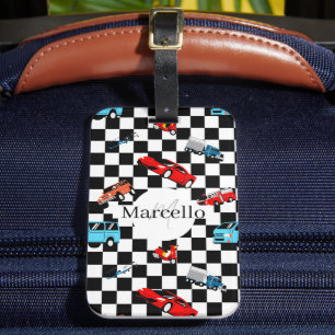 Étiquette À Bagage Course Motif moderne noir et blanc avec voitures