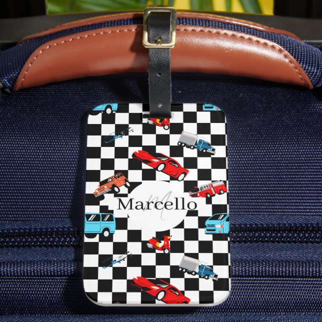 Étiquette À Bagage Course Motif moderne noir et blanc avec voitures (Insitu Rectoal 2)