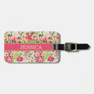 Étiquette À Bagage Coutume florale tropicale rose et vert
