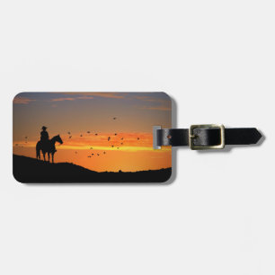 Étiquette À Bagage Cowboy et cheval dans la valise coucher de soleil