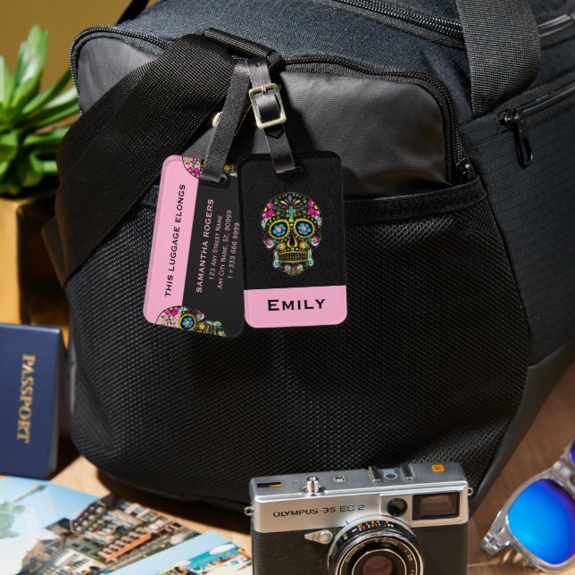 Étiquette À Bagage Crâne à sucre rétro floral (Recto & Verso)