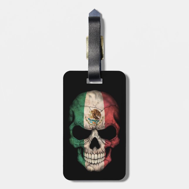 Étiquette À Bagage Crâne de drapeau mexicain sur le noir (Dos Vertical)