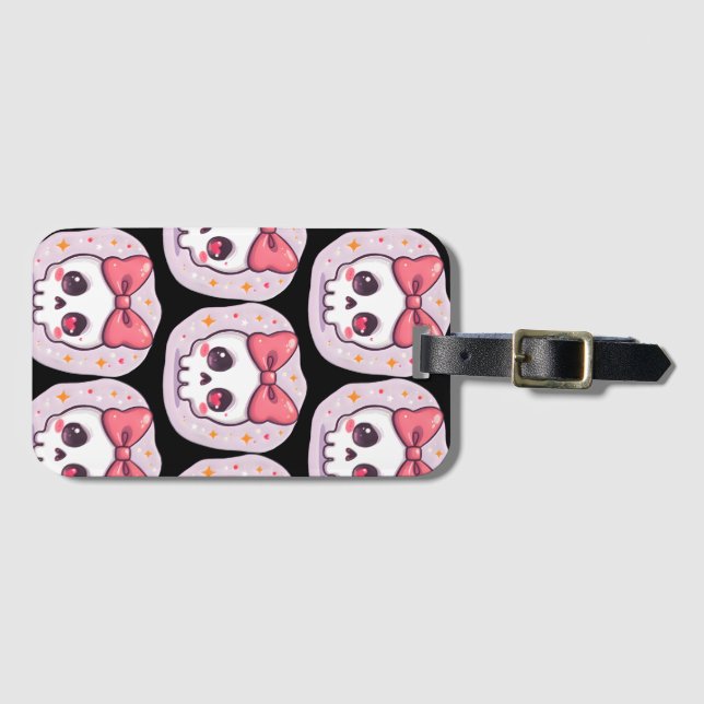 Étiquette À Bagage Crâne Goth Pastel Mignon avec Nœud (Devant Horizontal)