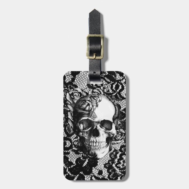 Étiquette À Bagage Crâne noir et blanc de rose sur le fond de (Devant Vertical)