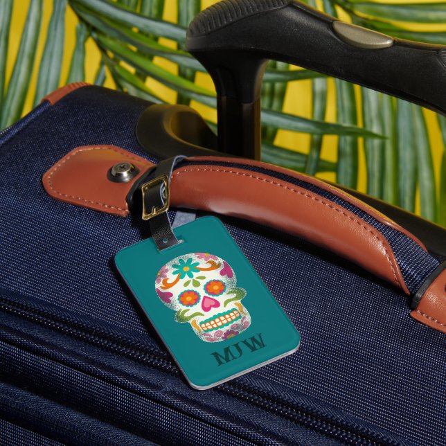 Étiquette À Bagage Crânes de sucre Dia De Los Muertos Monogramme (Insitu Rectoal 1)