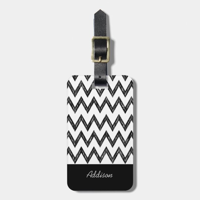 Étiquette À Bagage Crayon à la mode Chevron Noir et Blanc Avec Nom (Devant Vertical)