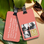 Étiquette À Bagage Créez votre propre collection photo Mariage Monogr<br><div class="desc">2015 couleurs de corail et de feuille d'or arrière - plan - Utilisez 3 photos carrés pour créer un cadeau d'anniversaire unique et personnel. Ajoutez les initiales de la mariée et du marié. Si vous avez besoin d'ajuster les images ou les monogrammes, cliquez sur l'outil personnaliser pour apporter des modifications....</div>
