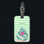 Étiquette À Bagage Crème glacée Striated Strialized<br><div class="desc">Sympa et moderne bracelet rayé vert menthe tag personnalisé avec crème glacée whippy à la menthe jaune avec cerise sur le dessus.</div>