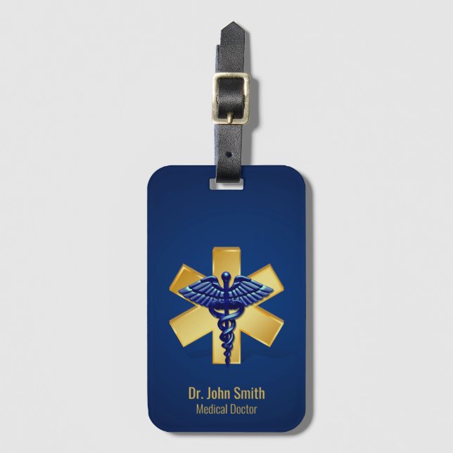 Étiquette À Bagage Croix d'or bleu Médicale 3D Caduceus (Devant Vertical)