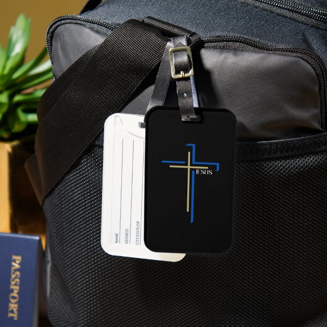 Étiquette À Bagage Croix fine bleue et Brown avec JESUS (Créateur téléchargé)