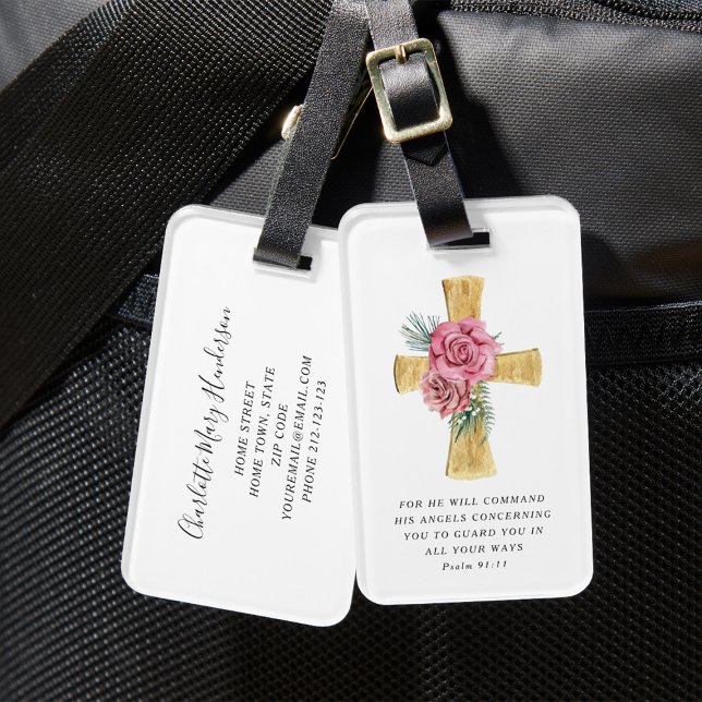 Étiquette À Bagage Croix florale rose élégante (Religious Floral Cross Psalm 91:11 Bible Verse Luggage Tag)