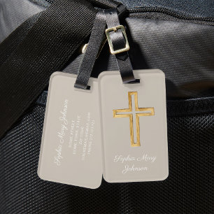 Étiquette À Bagage Croix Religieuse Élégante Taupe Beige Scrip