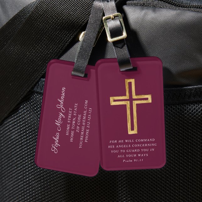 Étiquette À Bagage Croix Rouge Bourguignonne Moderne (Psalm 91:11 Blessed Travel Burgundy Religious Luggage Tag)