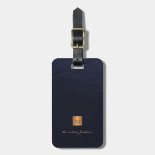 Étiquette À Bagage Cuir bleu marine foncé élégant monogrammé or