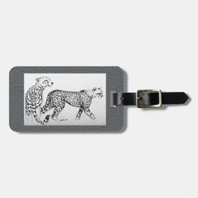 Étiquette À Bagage Cuir gris de Faux de beaux-arts de guépards (Devant horizontal)