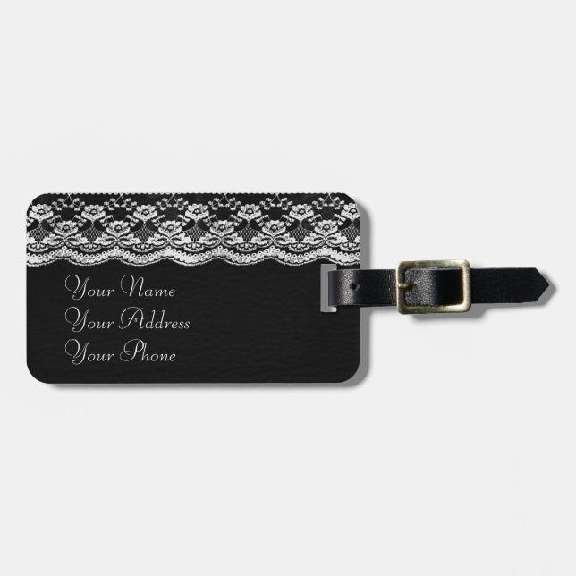 Étiquette À Bagage Cuir noir et blanc & dentelle (Devant horizontal)