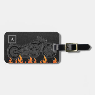 Étiquette À Bagage Cuir noir flammes orange feu chaud moto