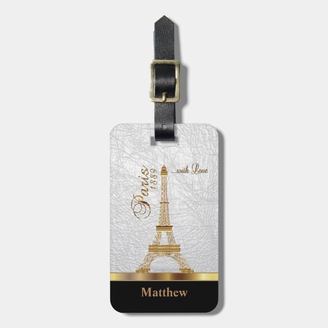 Étiquette À Bagage Cuir synthétique blanc avec accent doré Paris (Devant Vertical)