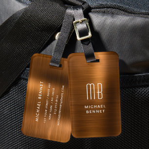 Étiquette À Bagage Cuivre Marron Métallisé Brossé Monogramme Élégant