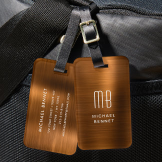 Étiquette À Bagage Cuivre Marron Métallisé Brossé Monogramme Élégant