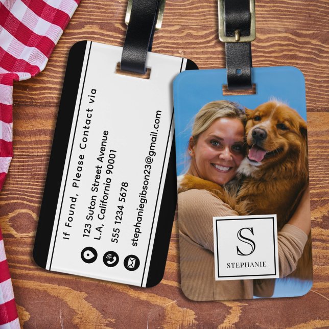Étiquette À Bagage Custom Monogram, Name and Photo, Black and White (Créateur téléchargé)